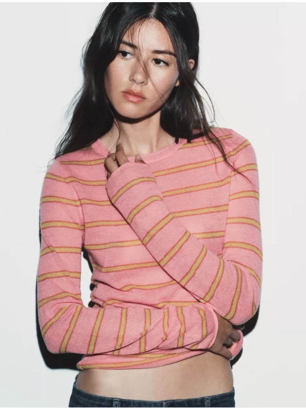 ZARA wool blend long sleeve thin sweater - pink/yellow stripes - size M - NWT